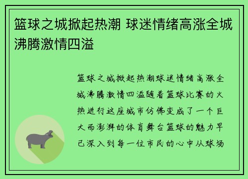 篮球之城掀起热潮 球迷情绪高涨全城沸腾激情四溢