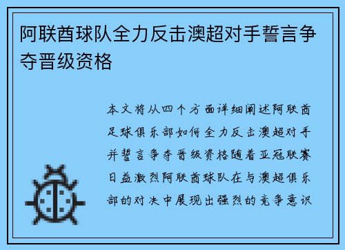 阿联酋球队全力反击澳超对手誓言争夺晋级资格