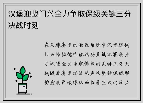汉堡迎战门兴全力争取保级关键三分决战时刻