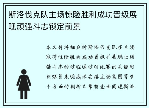 斯洛伐克队主场惊险胜利成功晋级展现顽强斗志锁定前景