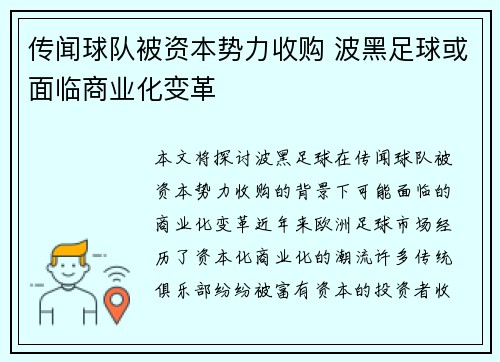 传闻球队被资本势力收购 波黑足球或面临商业化变革